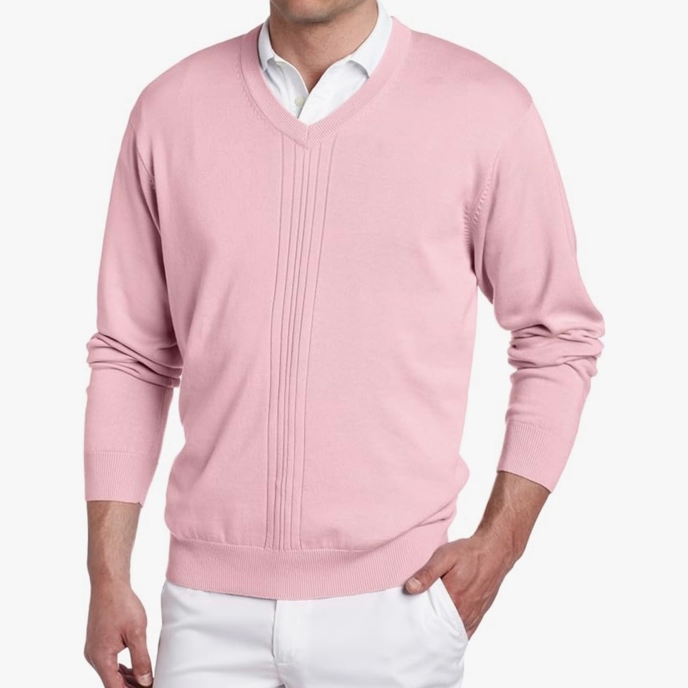 E839 Greg Norman Pima Cotton Pink Men's Drop Needle Textured V-Neck Sweater